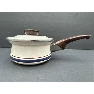 Elegant Cream and Brown Saucepan with Blue Trim